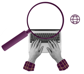 Hands typing on a laptop keyboard with a large magnifying glass and a globe icon, in a collage style on a white background, symbolizing internet search