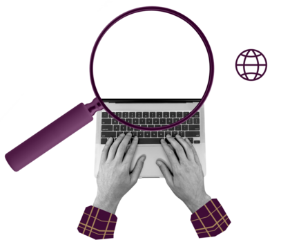 Hands typing on a laptop keyboard with a large magnifying glass and a globe icon, in a collage style on a white background, symbolizing internet search