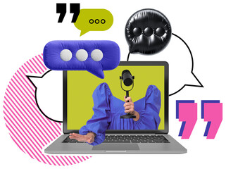 Woman in blue holding a microphone appears from laptop screen with colorful speech bubbles, quote...