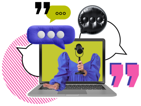 Woman in blue holding a microphone appears from laptop screen with colorful speech bubbles, quote marks, and abstract elements on white background