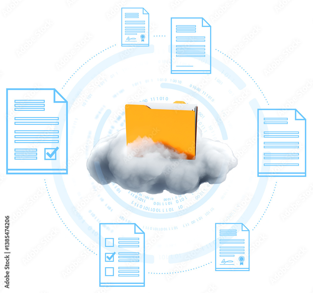 Poster yellow folder on a cloud symbolizing cloud storage, surrounded by floating digital documents in mini