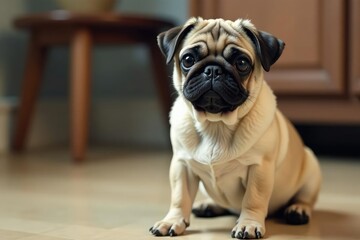 Adorable pug dog sitting, looking directly at camera, pet, breed