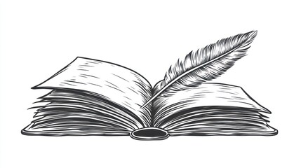 Vintage Open Book with Quill Pen,  Illustrative Educational Resource