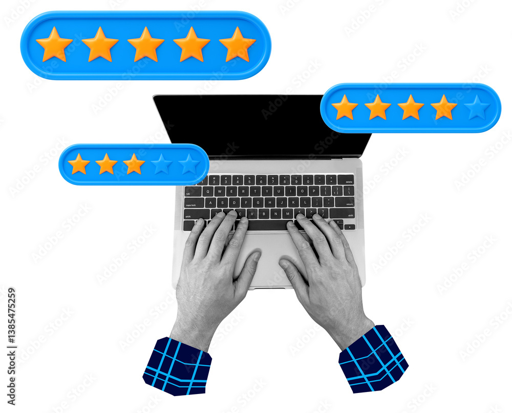 Poster hands typing on laptop keyboard with colorful star rating icons floating, isolated style on white ba