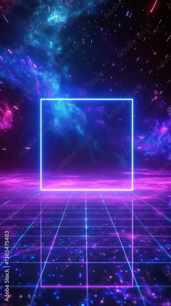 Poster neon square in futuristic setting: a captivating image featuring a luminous neon square floating abo