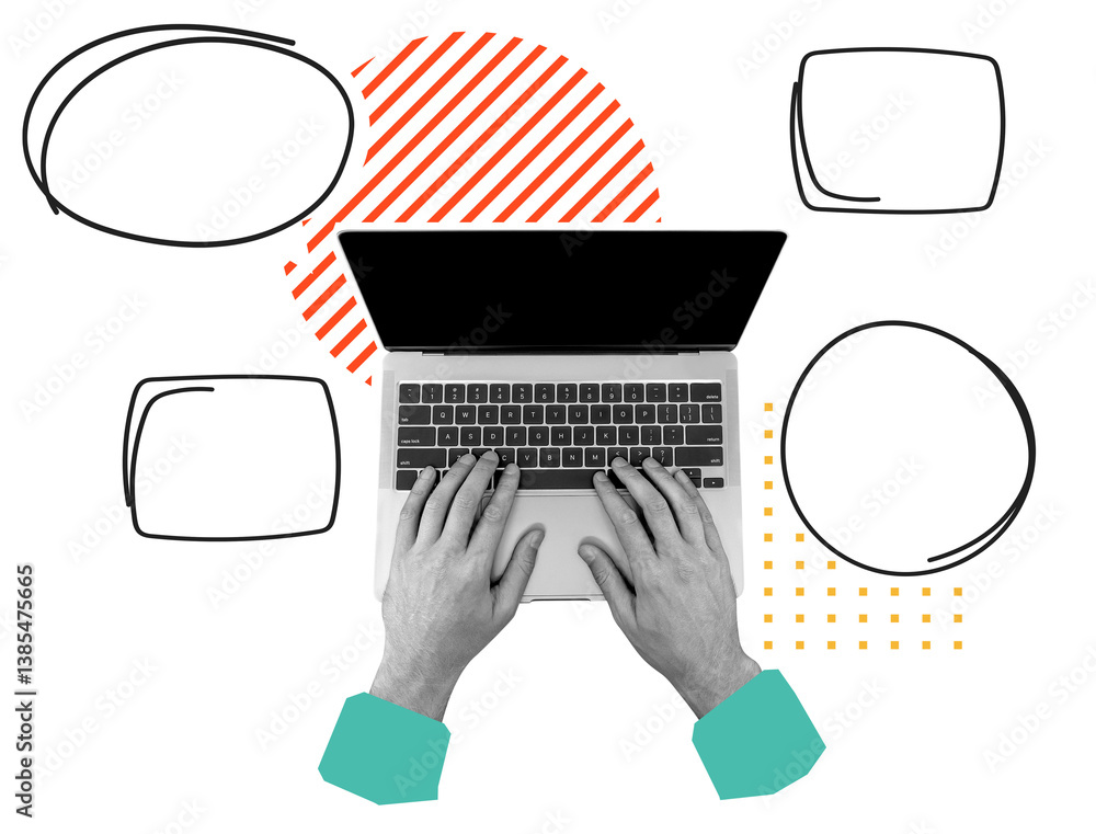 Poster hands typing on laptop keyboard from top view with abstract doodle shapes and colorful accents, isol