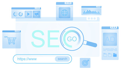 SEO search engine optimization concept with magnifying glass, browser windows, and search bar in light blue graphic style on clean white background