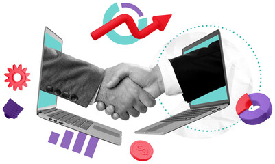 Two businessmen shaking hands through laptops, surrounded by business icons and charts, on isolated white background in modern collage design concept