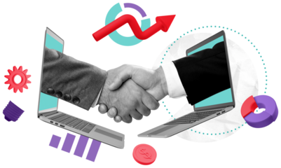 Two businessmen shaking hands through laptops, surrounded by business icons and charts, on isolated white background in modern collage design concept