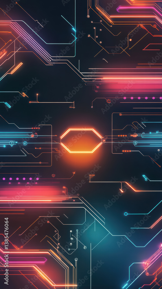 Poster neon circuitry: abstract glowing neon circuit board design, showcasing intricate lines and connectio