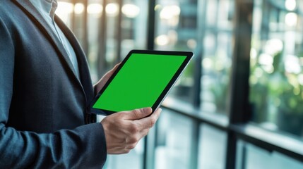 Business professional presenting something on a green screen tablet, seated at a conference table, Anonymous office worker holding a tablet with a green screen, modern office setting, professional