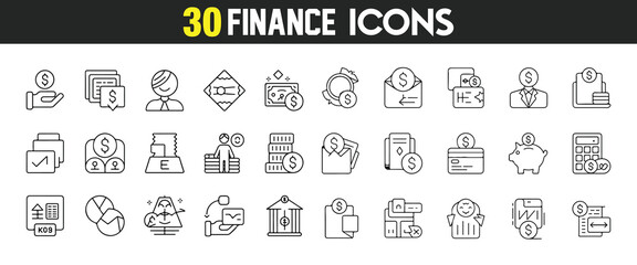 Financial Icons Set Featuring Stock Market, Investment, and Currency Symbols in Vector Style