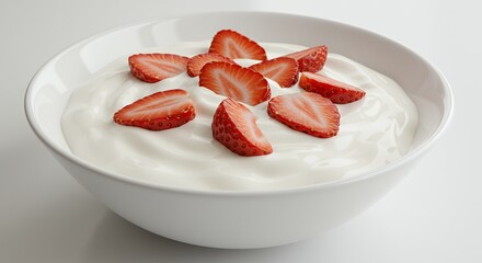 Creamy Yogurt with Fresh Strawberry Slices in a White Bowl