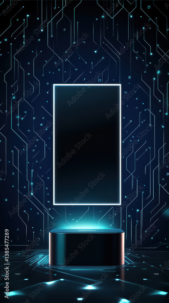 Poster cyber display: an immersive digital interface against a futuristic backdrop of intricate circuit pat