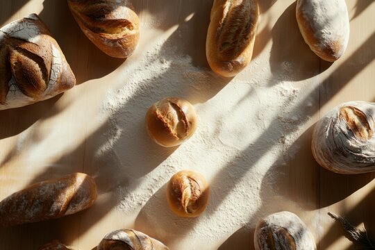 An array of artisanal bread displayed on a rustic wooden countertop. Featuring texture and warmth