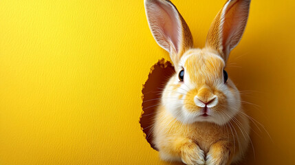 Obraz premium Cute Rabbit Peeking Through Yellow Background Captured