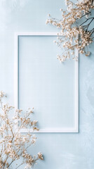 White Frame with Dried Flowers: Elegant white frame on a pastel blue background, adorned with delicate dried flowers, creating a serene and stylish composition perfect for invitations, announcements.