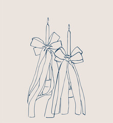 Candles with big bows. Vector image on a gray background for postcards, weddings, romantic evening.