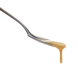 Delicious melted cheese flowing down from spoon isolated on white