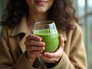 Healthy green smoothie made with fresh ingredients. Vegan and nutritious breakfast concept