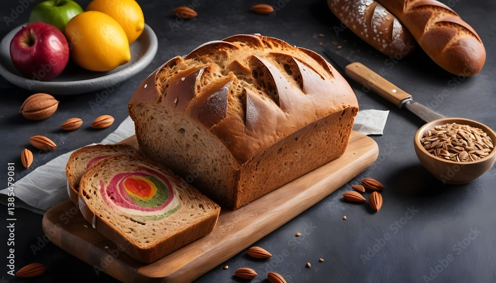 Poster Rustic loaf of bread embedded with nuts and accompanied by a knife ready for slicing and enjoying