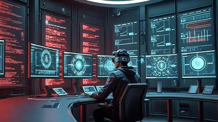 Hacker in dark control room with multiple screens displaying red code, cybersecurity monitoring, high tech surveillance setup, digital interface
