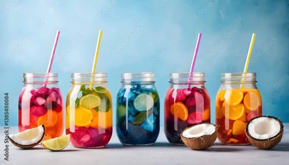 Poster a charming selection of drinks presented in mason jars offering a rustic touch to refreshing beverag