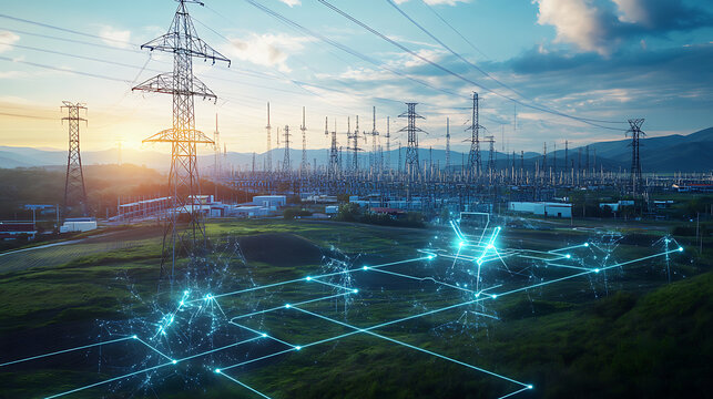 An AI powered system automating smart grid management by analyzing real time electricity demand and generation data, futuristic AI-driven energy platform, Smart grid technology style