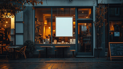 cozy coffee shop exterior with warm lighting, inviting atmosphere, and empty signboard, perfect for relaxation and socializing