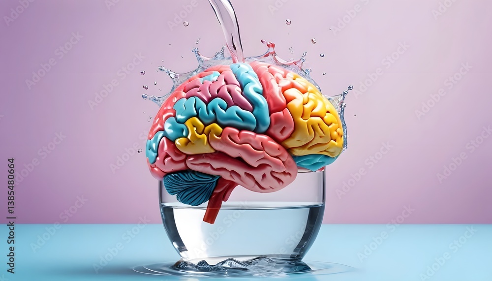 Poster unique representation of a brain splashing into a glass of water creating a thought-provoking visual