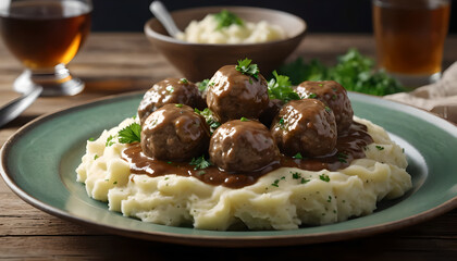 a plate of meatballs in creamy mashed potatoes with gravy  