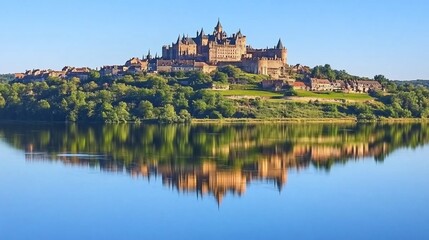 Fototapeta premium Medieval castle reflected in tranquil lake. Lush greenery surrounds the ancient fortress