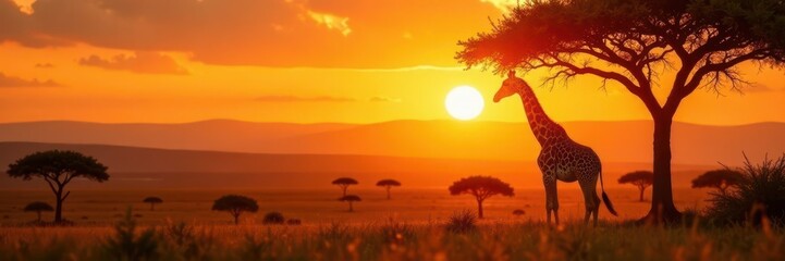 Giraffe gazing at sunset, acacia trees, golden light, dust , animal, tranquil