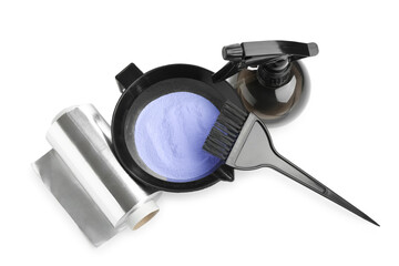 Bleaching powder and hairdresser's tools isolated on white, top view