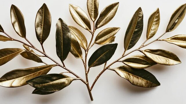Golden Branch: A Metallic Leaf Arrangement on White