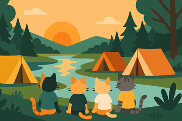Obraz premium Back view of four cute cartoon cats sitting together on river bank looking at mountain sunset during camping.