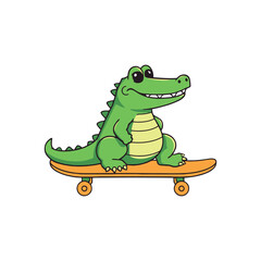 Cute Green Crocodile on Orange Skateboard Smiling Happily for Kids Room Wall Art Illustration
