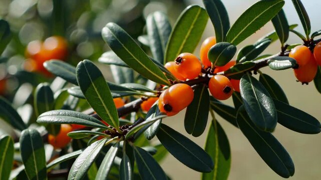 Glowing sea buckthorn berries on branch