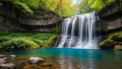 A majestic waterfall cascading down rocky cliffs surrounded by dense woods creating a breathtaking natural scene