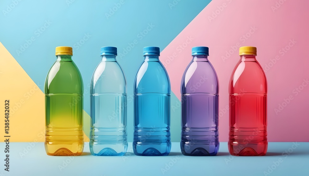 Poster uniformly aligned row of plastic water bottles ready for use on a clean surface with a focus on hydr