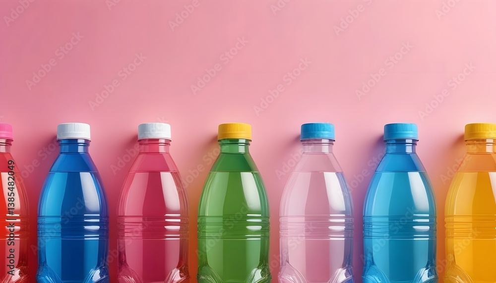 Poster a neatly arranged row of clear plastic bottles filled with refreshing water against a simple minimal
