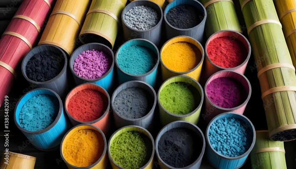 Poster vibrant collection of different colored powders displayed together in small containers on a bright b