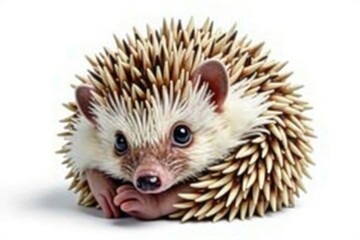 Fototapeta premium A tiny hedgehog, curled into a ball, isolated on pure white background , wildlife, isolated, spines