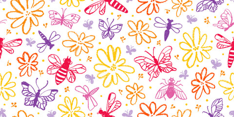 Butterfly and flower pattern. Seamless cute floral background. Vector spring print bg. Scandinavian summer illustration with butterfly moth, bee, daisy flower. Doodle plant and insect seamless pattern