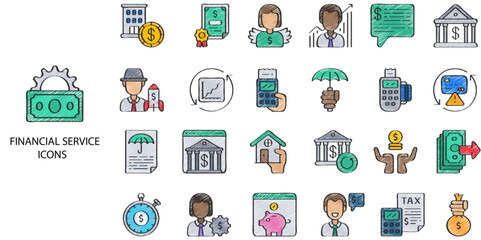 Obraz premium Financial service simple concept 24 hand drawn color icons set. Contains such money, loan, cash, saving, financial, goal, profit, budget .Vector illustration.