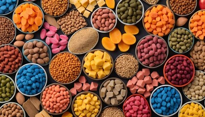 A beautiful selection of various colored foods arranged together to celebrate culinary variety and healthy eating choices