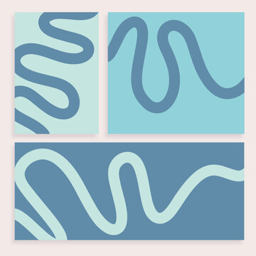 Abstract Blue Swirl Line Wave Minimalist Vector Poster Backgrounds Set  for Ads, Covers, Social Media Graphics, Shop, Discount, Sale and Flyer Decoration	