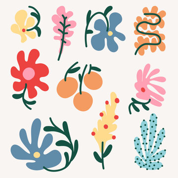 Collection of Multicolor Botanical Spring Leaves, Cactus, Flowers and Oranges in Various Shapes and Colors on Clear Background