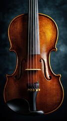 Detailed close-up of a beautifully crafted brown violin against a dark backdrop