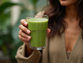 Healthy green smoothie made with fresh ingredients. Vegan and nutritious breakfast concept